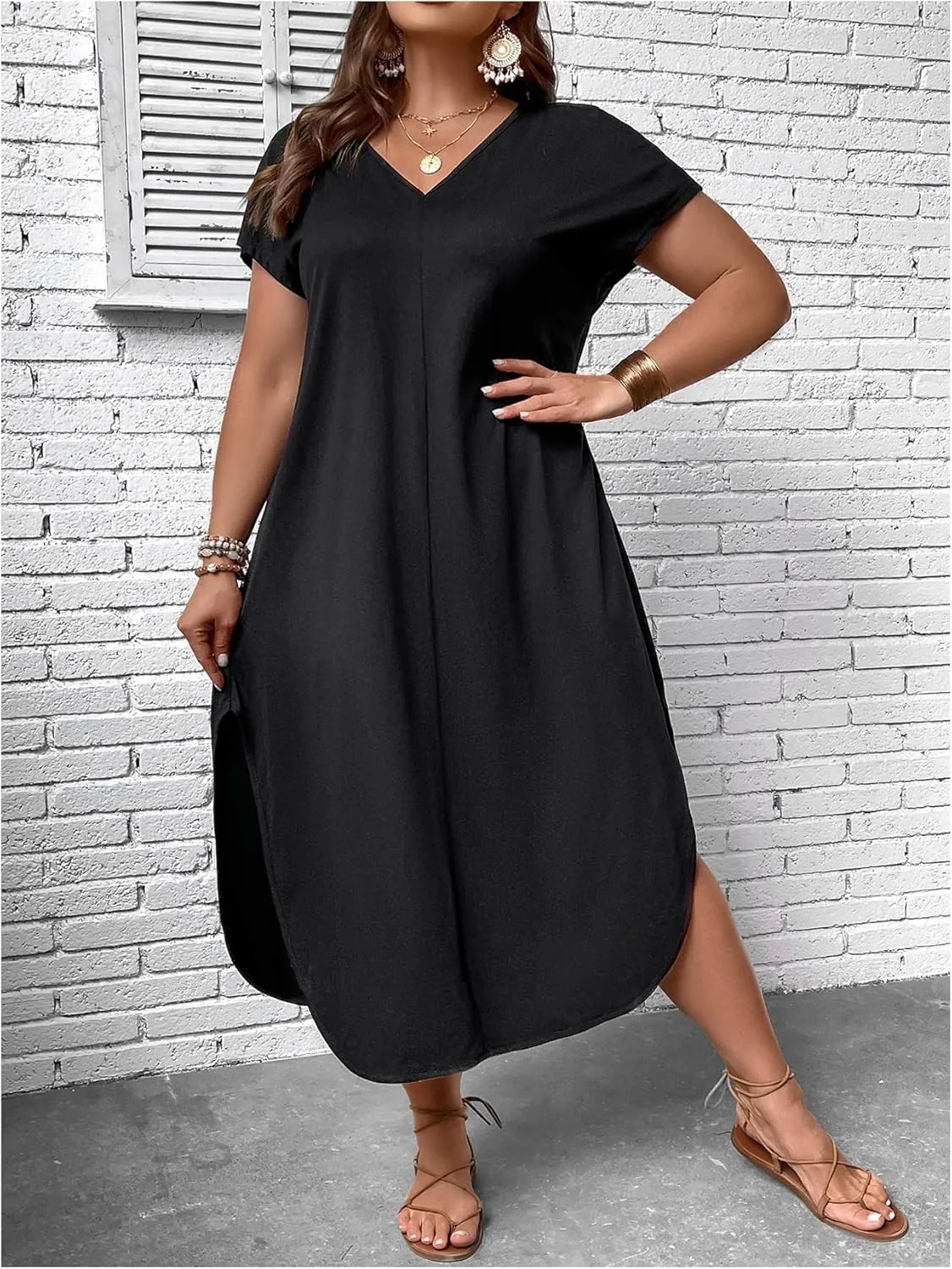 SOLY HUX Women's Plus Size Summer Dress V Neck Short Sleeve Split Hem Midi Dresses