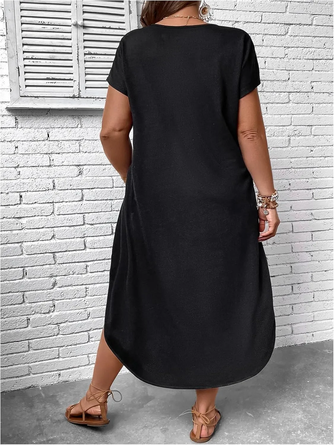 SOLY HUX Women's Plus Size Summer Dress V Neck Short Sleeve Split Hem Midi Dresses