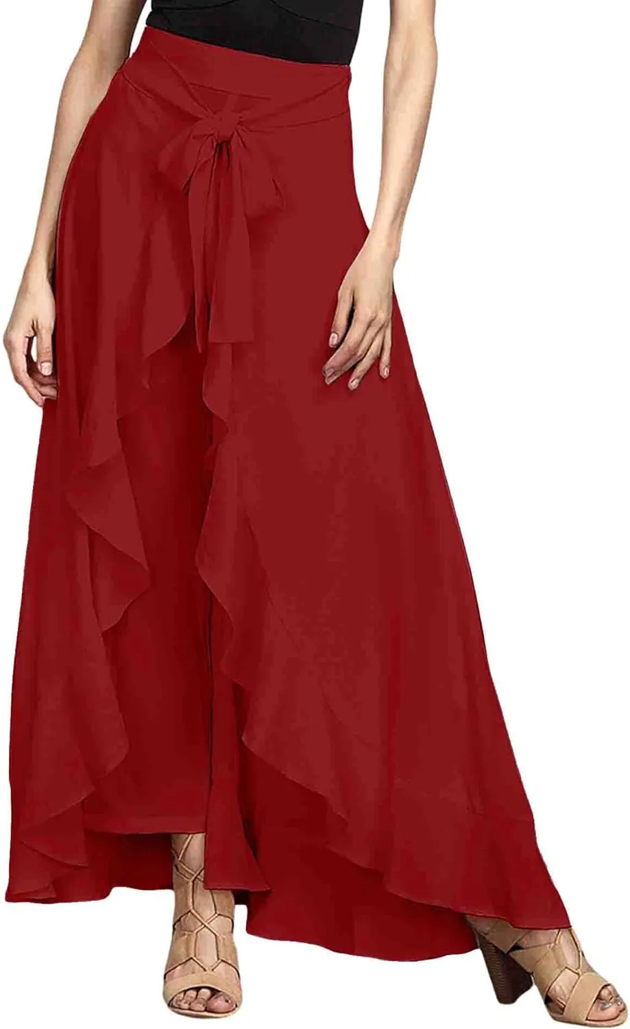 SOMTHRON Women's Casual High Waist Ruffle Pants Tie Knot Front Palazzo Overlay Flowy Beach Maxi Skirt Trousers