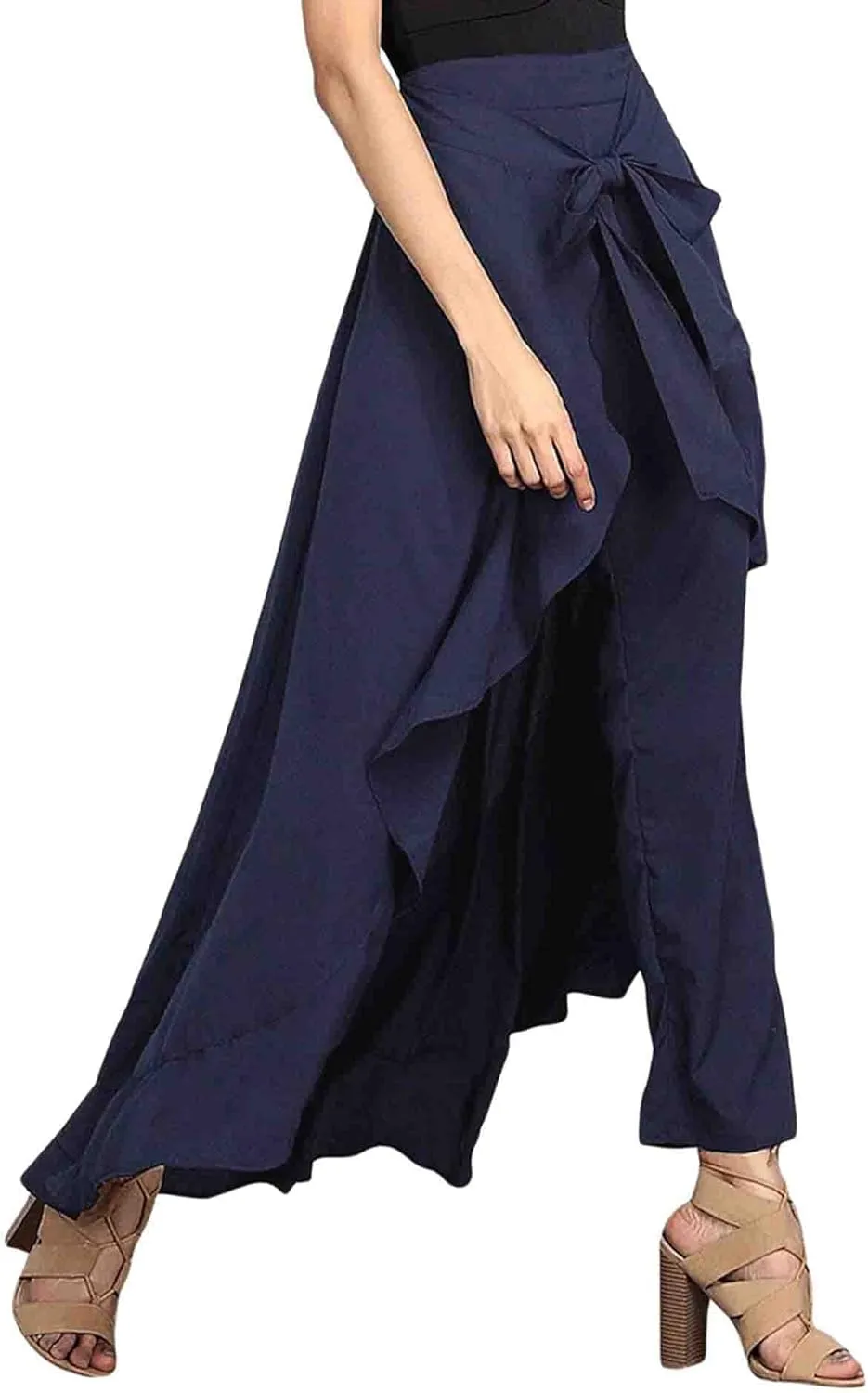 SOMTHRON Women's Casual High Waist Ruffle Pants Tie Knot Front Palazzo Overlay Flowy Beach Maxi Skirt Trousers