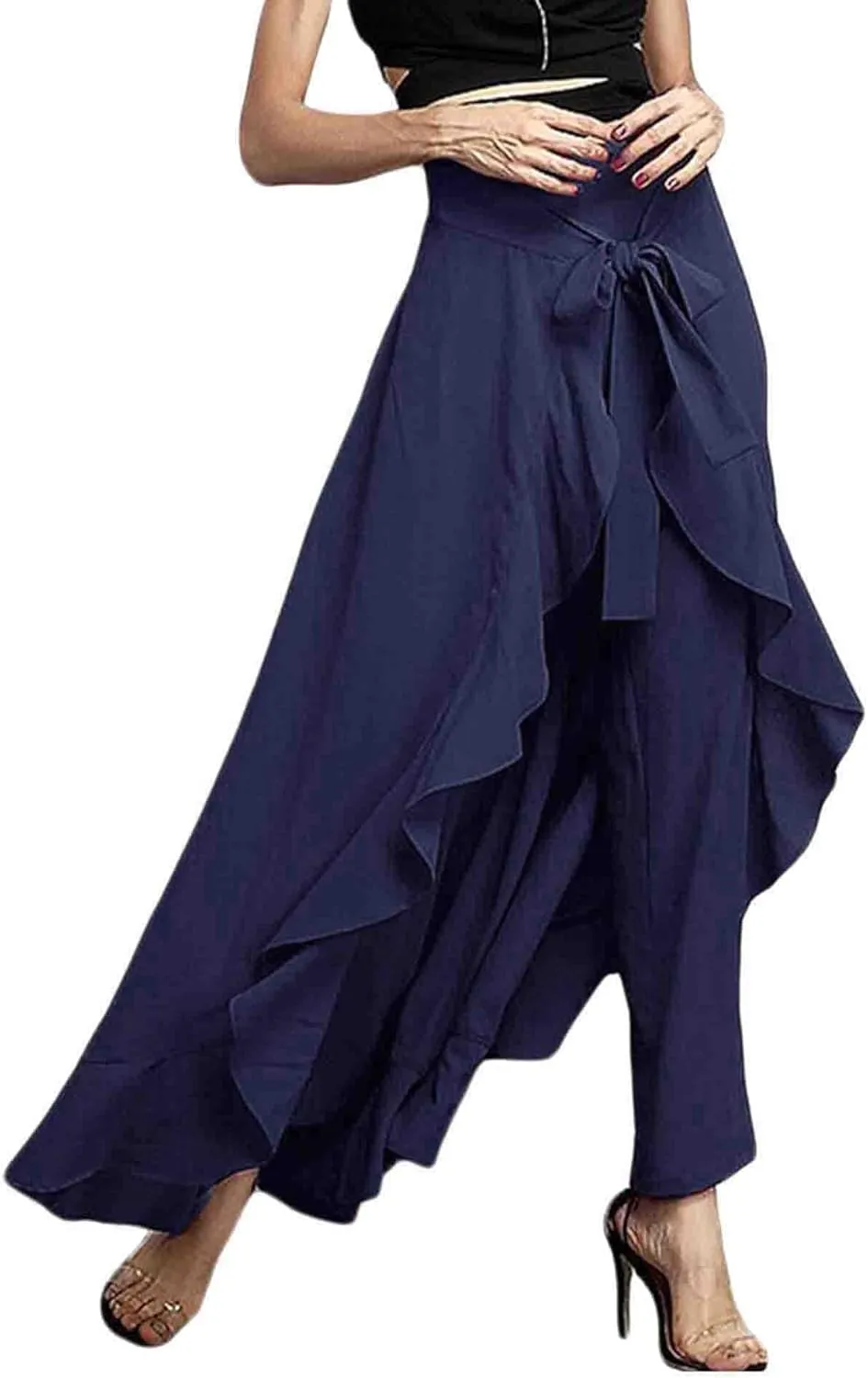 SOMTHRON Women's Casual High Waist Ruffle Pants Tie Knot Front Palazzo Overlay Flowy Beach Maxi Skirt Trousers