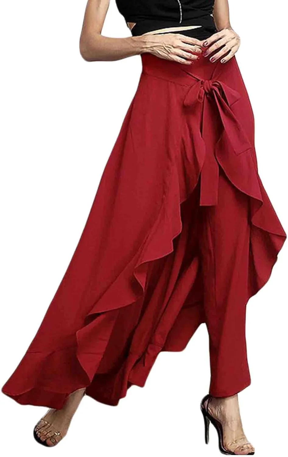 SOMTHRON Women's Casual High Waist Ruffle Pants Tie Knot Front Palazzo Overlay Flowy Beach Maxi Skirt Trousers