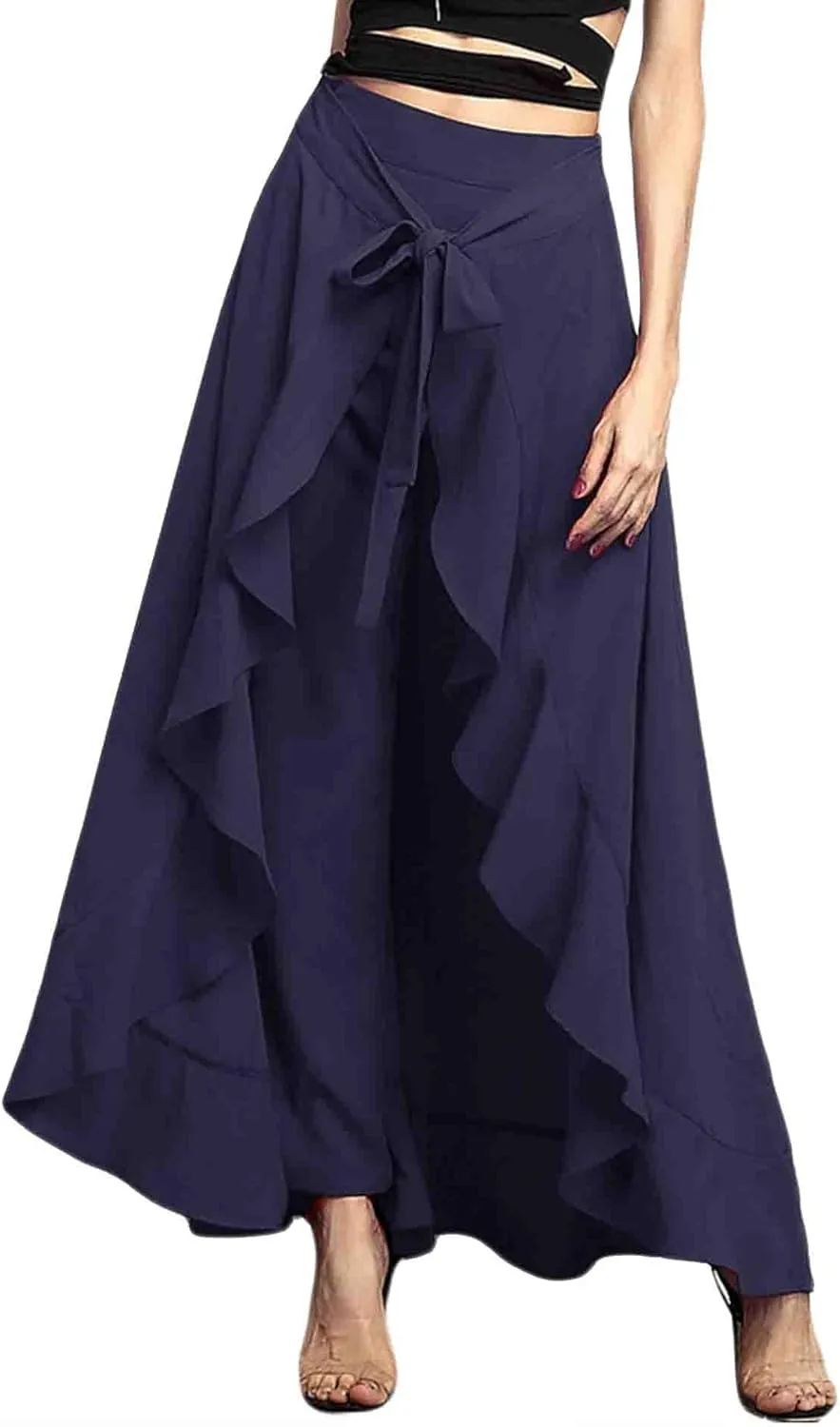 SOMTHRON Women's Casual High Waist Ruffle Pants Tie Knot Front Palazzo Overlay Flowy Beach Maxi Skirt Trousers