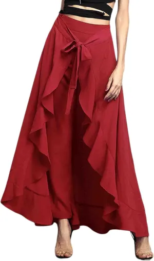 SOMTHRON Women's Casual High Waist Ruffle Pants Tie Knot Front Palazzo Overlay Flowy Beach Maxi Skirt Trousers