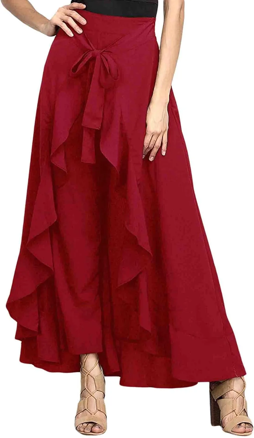 SOMTHRON Women's Casual High Waist Ruffle Pants Tie Knot Front Palazzo Overlay Flowy Beach Maxi Skirt Trousers