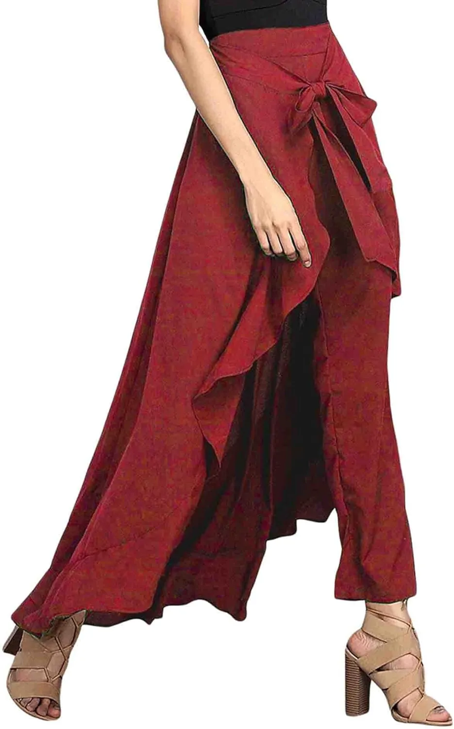 SOMTHRON Women's Casual High Waist Ruffle Pants Tie Knot Front Palazzo Overlay Flowy Beach Maxi Skirt Trousers