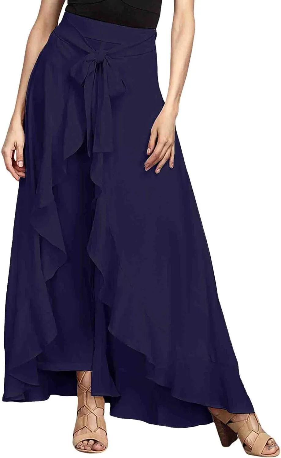 SOMTHRON Women's Casual High Waist Ruffle Pants Tie Knot Front Palazzo Overlay Flowy Beach Maxi Skirt Trousers