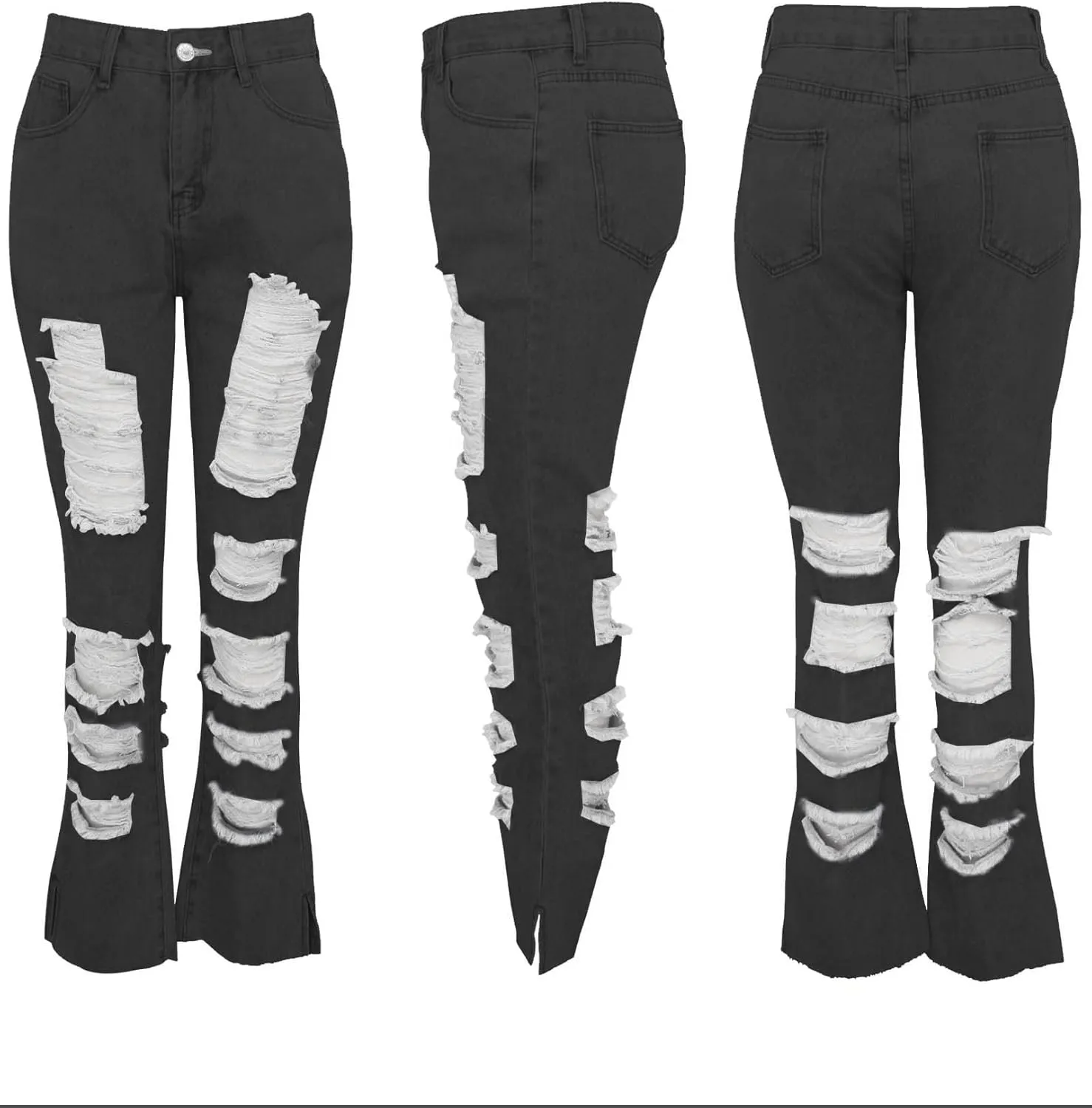 SOMTHRON Women's High Waist Ripped Bell Bottom Jeans Slim Fit Destoryed Flare Denim Pants Distressed Trousers