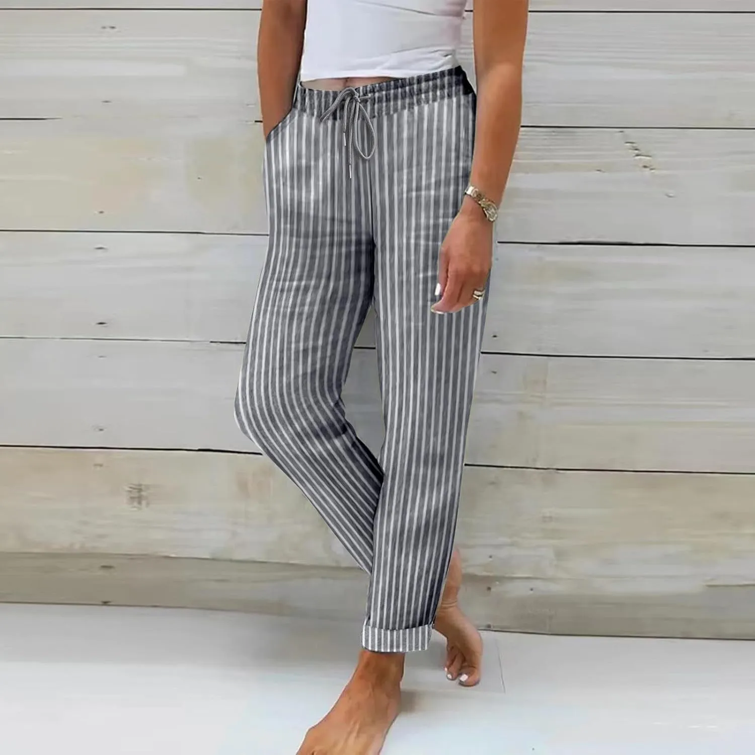 Striped Linen Pants Women Summer Lightweight Straight Leg Lounge Pants Comfy Drawstring Elastic Waist Work Pants