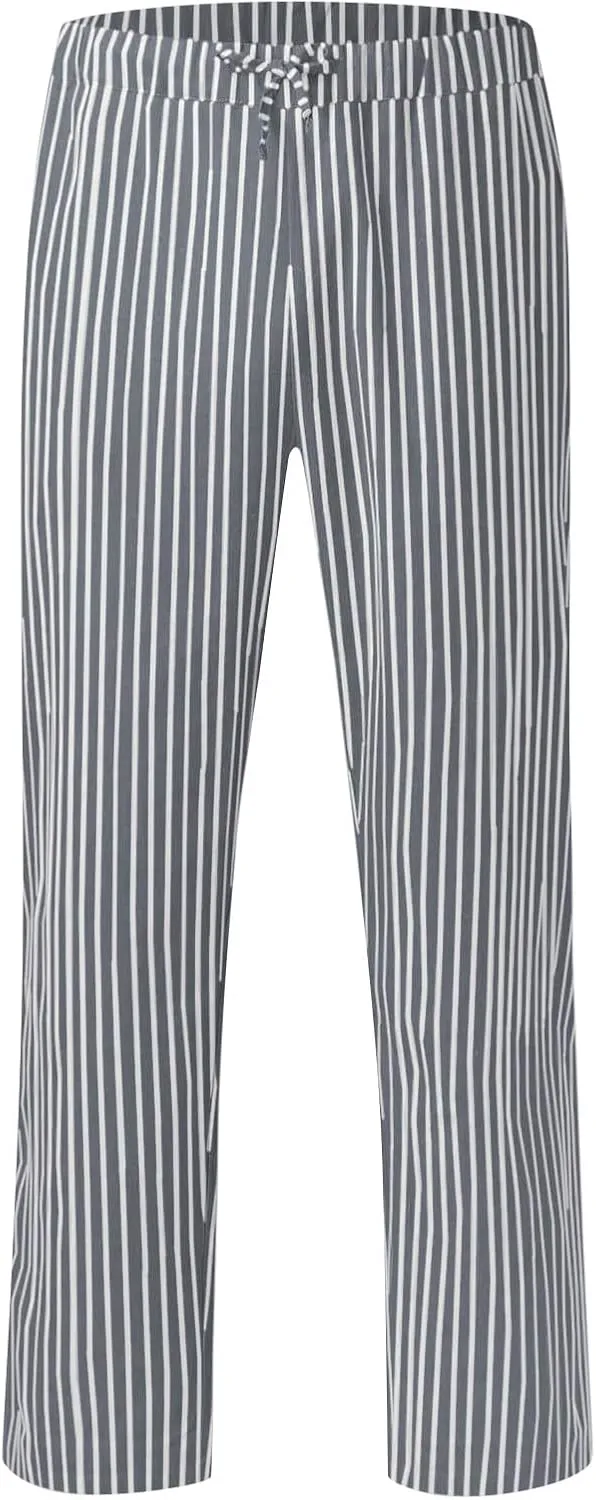 Striped Linen Pants Women Summer Lightweight Straight Leg Lounge Pants Comfy Drawstring Elastic Waist Work Pants