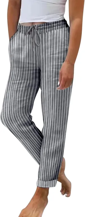 Striped Linen Pants Women Summer Lightweight Straight Leg Lounge Pants Comfy Drawstring Elastic Waist Work Pants