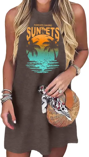 Summer Beach Dress Sundresses for Women Sunsets Graphic Mini Tank Sleeveless Hawaiian Vacation Outfits