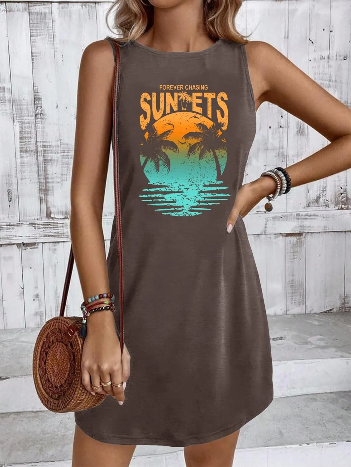 Summer Beach Dress Sundresses for Women Sunsets Graphic Mini Tank Sleeveless Hawaiian Vacation Outfits