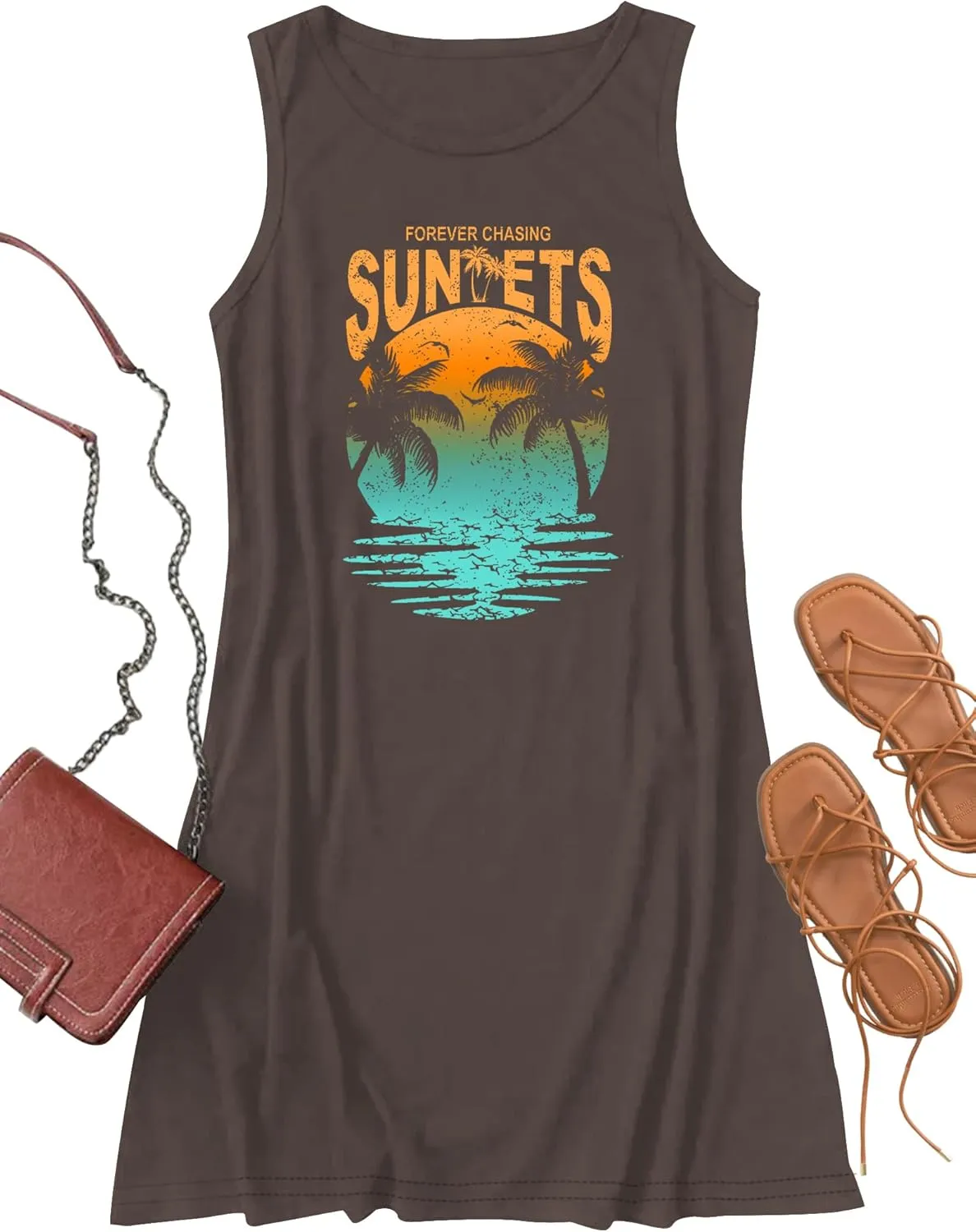 Summer Beach Dress Sundresses for Women Sunsets Graphic Mini Tank Sleeveless Hawaiian Vacation Outfits