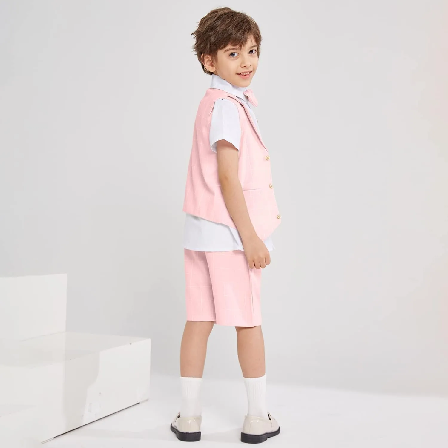Summer Boys Suit Dress Clothes Kids Wedding Ring Bearer Outfit 4Pcs Shirt Vest Shorts Set