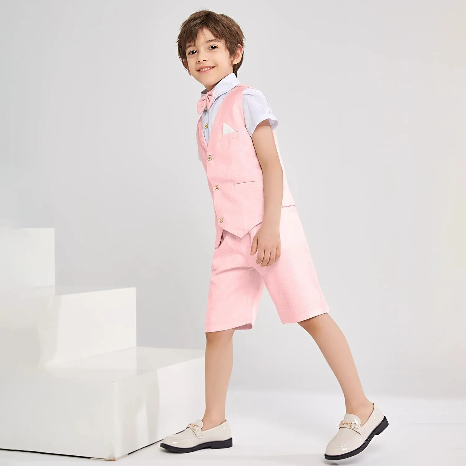 Summer Boys Suit Dress Clothes Kids Wedding Ring Bearer Outfit 4Pcs Shirt Vest Shorts Set