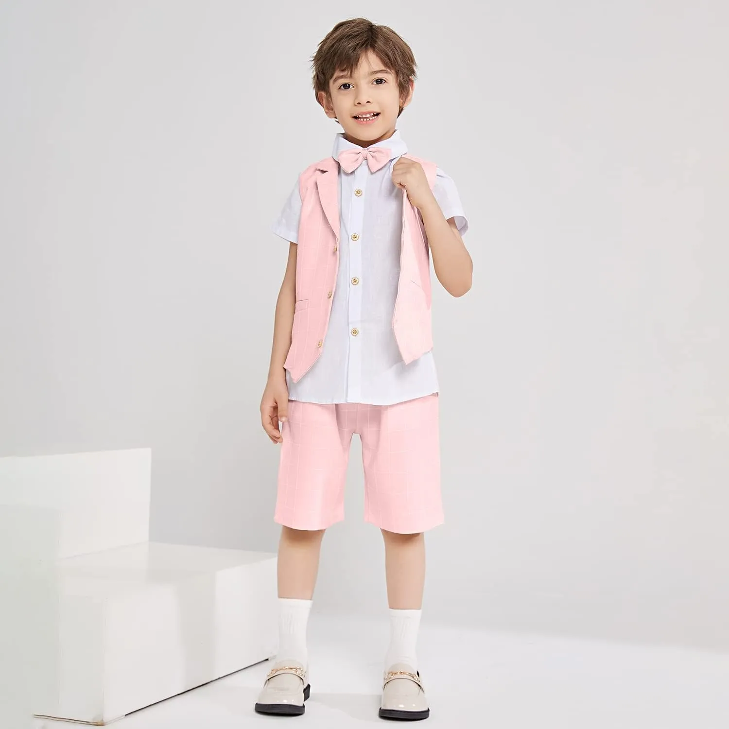 Summer Boys Suit Dress Clothes Kids Wedding Ring Bearer Outfit 4Pcs Shirt Vest Shorts Set