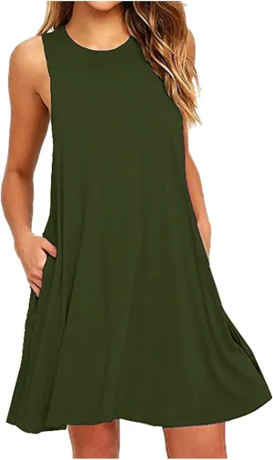 Summer Dresses for Women 2024 Casual Sleeveless Beach Swing Flaral Tank Dress Plain Loose Boho Sundress with Pockets