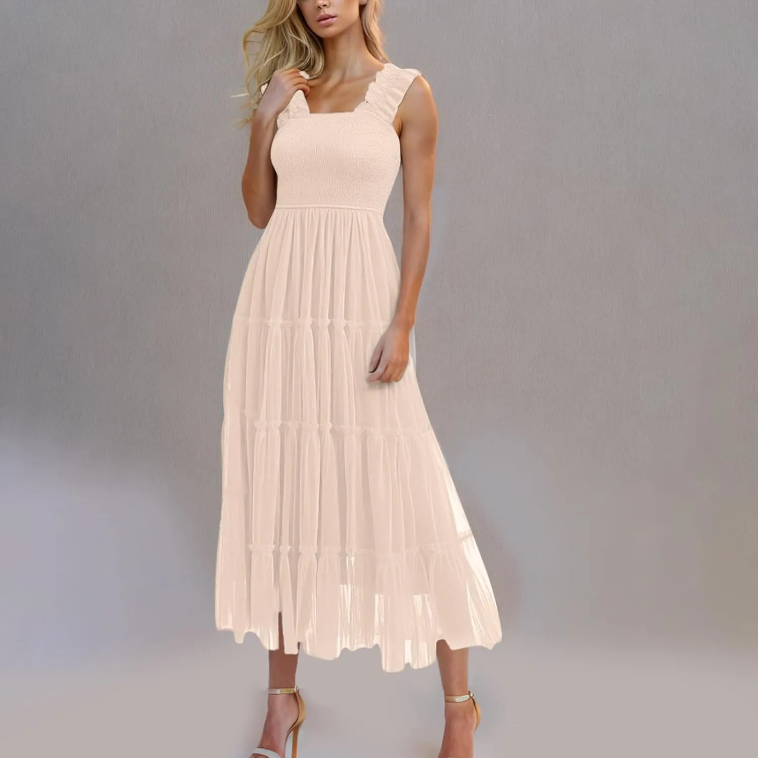 Summer Dresses for Women 2025 Square Neck Puff Sleeve Smocked Wedding Guest Maxi Dress Tiered Flowy Spring Fall Dress