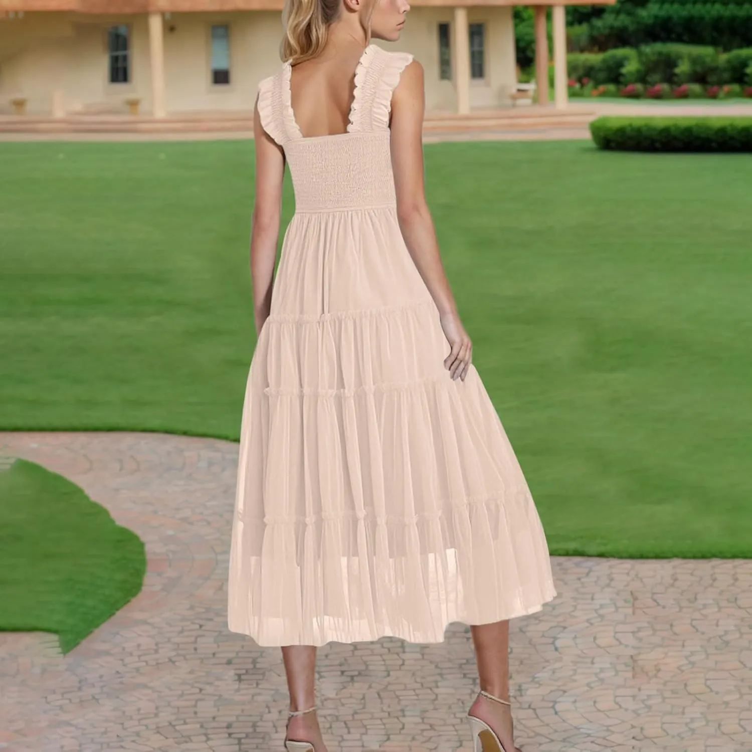 Summer Dresses for Women 2025 Square Neck Puff Sleeve Smocked Wedding Guest Maxi Dress Tiered Flowy Spring Fall Dress