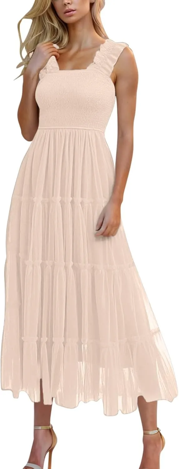 Summer Dresses for Women 2025 Square Neck Puff Sleeve Smocked Wedding Guest Maxi Dress Tiered Flowy Spring Fall Dress