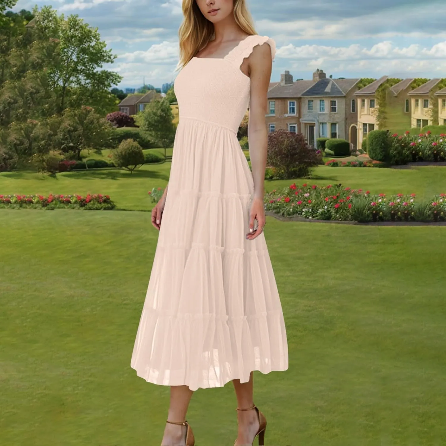 Summer Dresses for Women 2025 Square Neck Puff Sleeve Smocked Wedding Guest Maxi Dress Tiered Flowy Spring Fall Dress