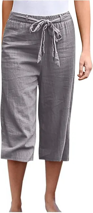 Summer Linen Capri Pants for Women 2024 Womens Linen Palazzo Trouser Soild Wide Leg Linen Pants for Women Casua
