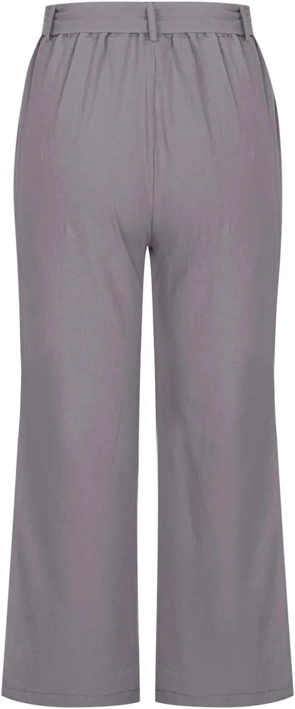 Summer Linen Capri Pants for Women 2024 Womens Linen Palazzo Trouser Soild Wide Leg Linen Pants for Women Casua