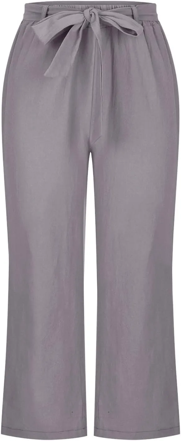 Summer Linen Capri Pants for Women 2024 Womens Linen Palazzo Trouser Soild Wide Leg Linen Pants for Women Casua