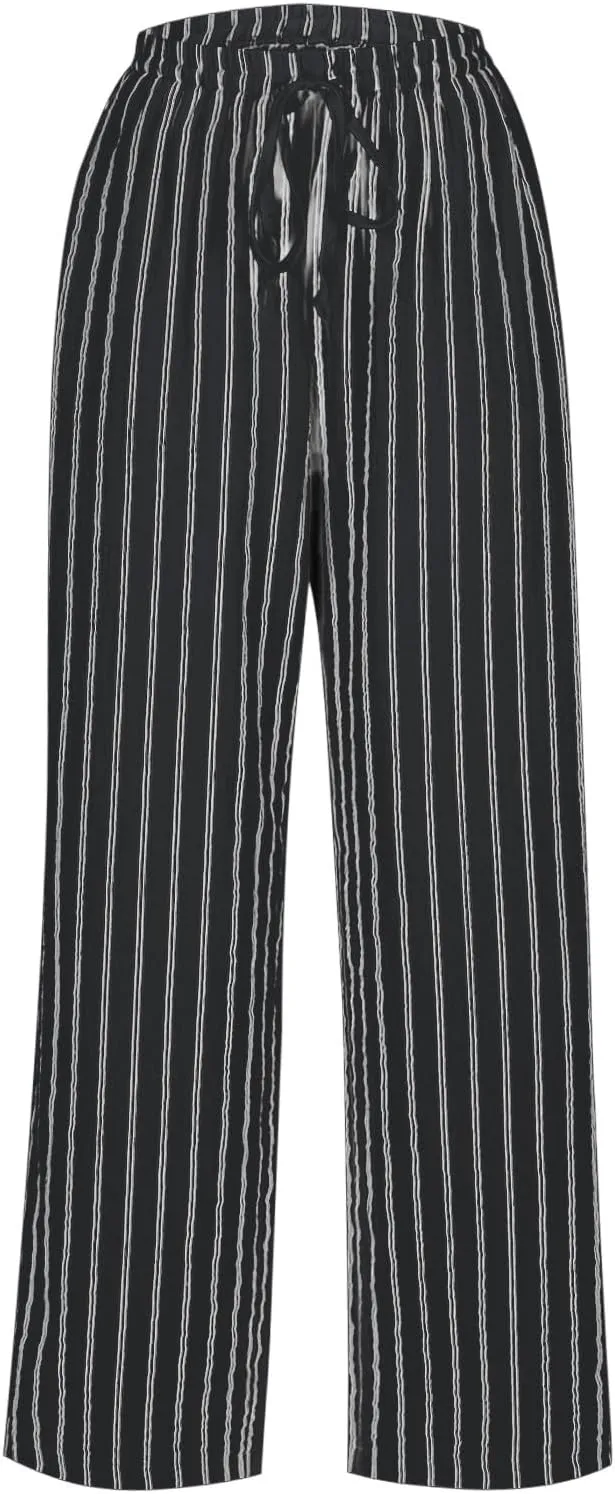 Summer Pants for Women 2024,Striped Wide Leg Loose Drawstring High Waist Palazzo Trousers Pants with Pockets