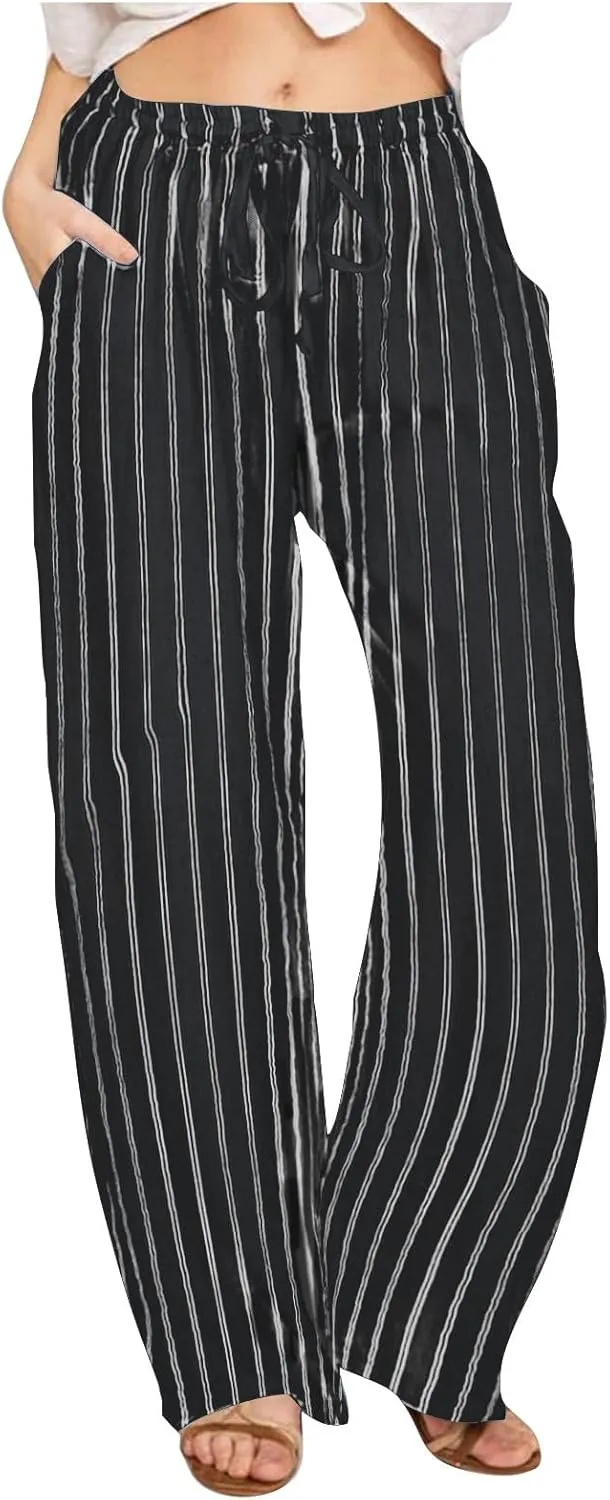 Summer Pants for Women 2024,Striped Wide Leg Loose Drawstring High Waist Palazzo Trousers Pants with Pockets
