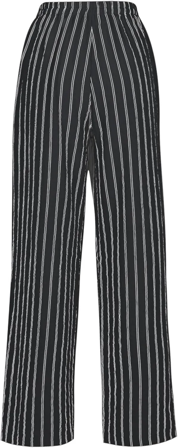Summer Pants for Women 2024,Striped Wide Leg Loose Drawstring High Waist Palazzo Trousers Pants with Pockets