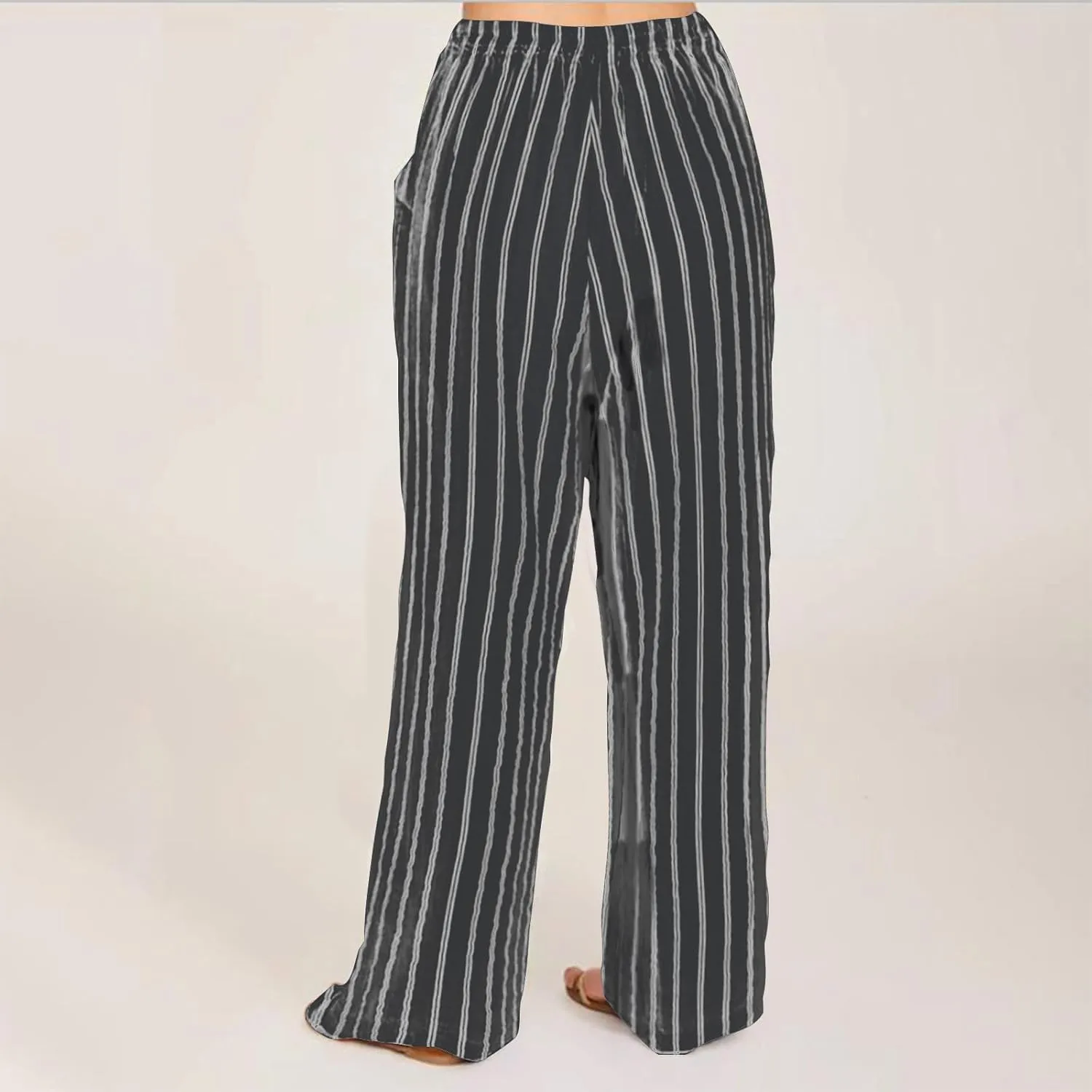 Summer Pants for Women 2024,Striped Wide Leg Loose Drawstring High Waist Palazzo Trousers Pants with Pockets