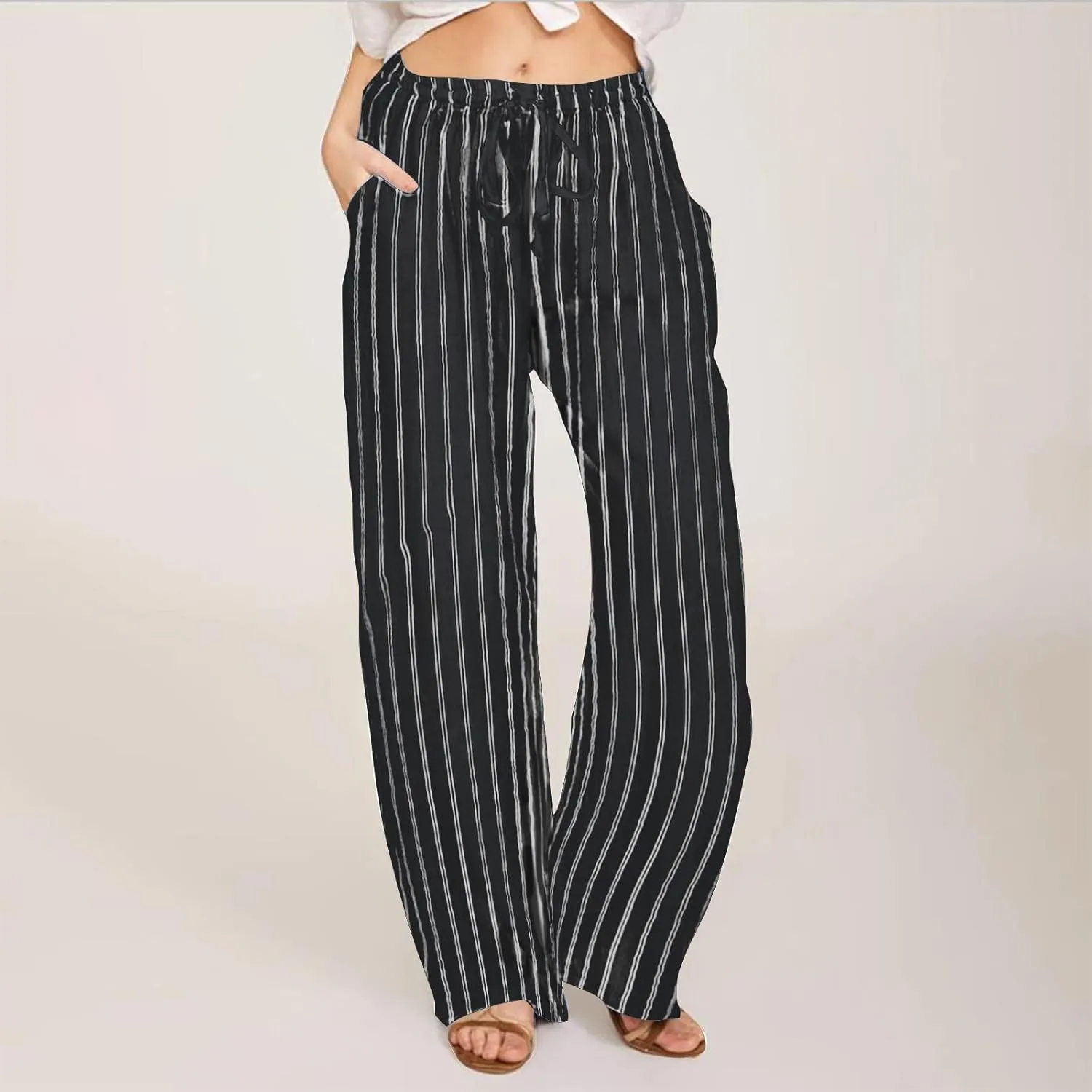 Summer Pants for Women 2024,Striped Wide Leg Loose Drawstring High Waist Palazzo Trousers Pants with Pockets
