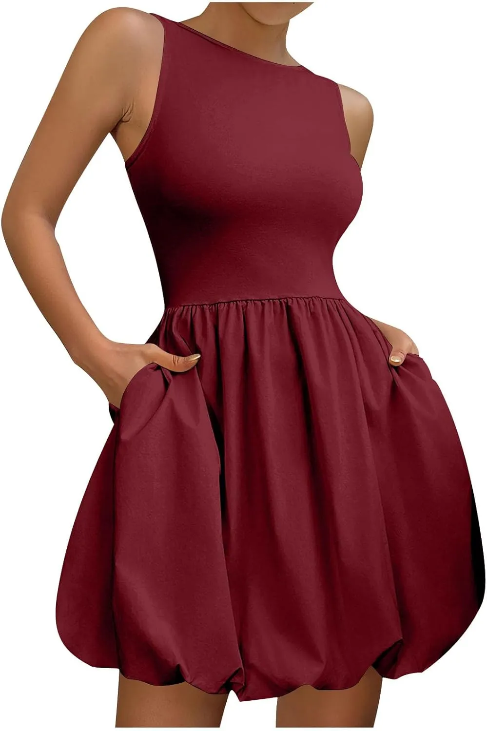 Summer Sundress for Women 2025 Casual Sleeveless Short Mini Dress Cute Crewneck Bubble Tank Dresses with Pockets