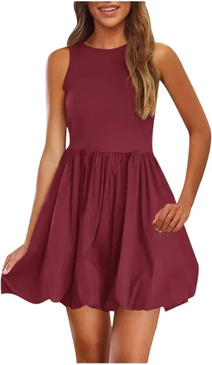 Summer Sundress for Women 2025 Casual Sleeveless Short Mini Dress Cute Crewneck Bubble Tank Dresses with Pockets
