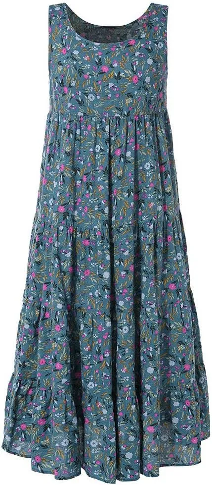 Summer Tank Dress for Women Sleeveless Cotton Linen Sundress Boho Floral Tiered Maxi Dress Plus Size Loose Beach Dress