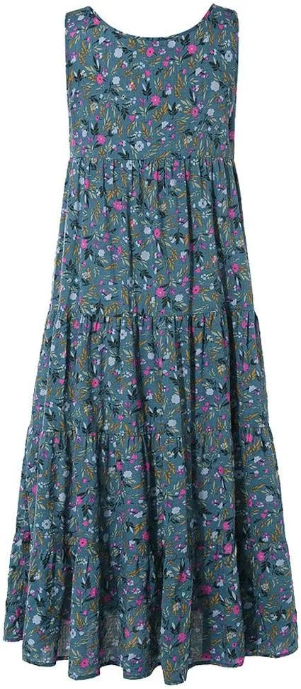 Summer Tank Dress for Women Sleeveless Cotton Linen Sundress Boho Floral Tiered Maxi Dress Plus Size Loose Beach Dress