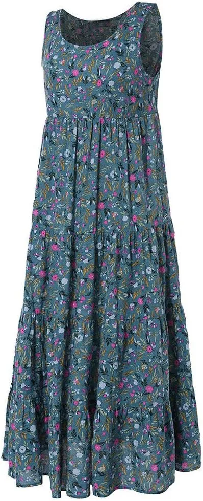 Summer Tank Dress for Women Sleeveless Cotton Linen Sundress Boho Floral Tiered Maxi Dress Plus Size Loose Beach Dress