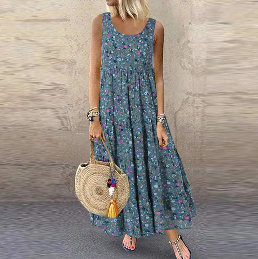 Summer Tank Dress for Women Sleeveless Cotton Linen Sundress Boho Floral Tiered Maxi Dress Plus Size Loose Beach Dress
