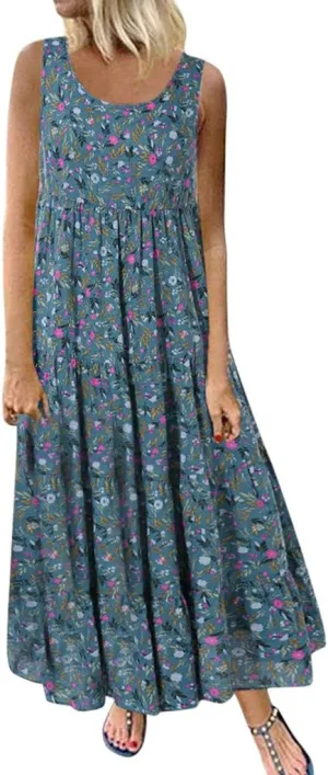 Summer Tank Dress for Women Sleeveless Cotton Linen Sundress Boho Floral Tiered Maxi Dress Plus Size Loose Beach Dress