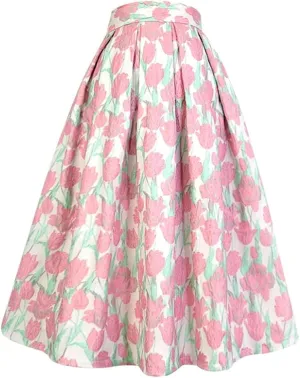 Summer Vintage Sweet Pink Floral Embroidery High Waist Long Pleated Midi Skirt Party Holiday 01 5XL#100cm Length