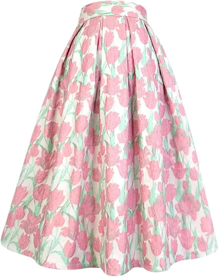 Summer Vintage Sweet Pink Floral Embroidery High Waist Long Pleated Midi Skirt Party Holiday 01 L#85cm Length