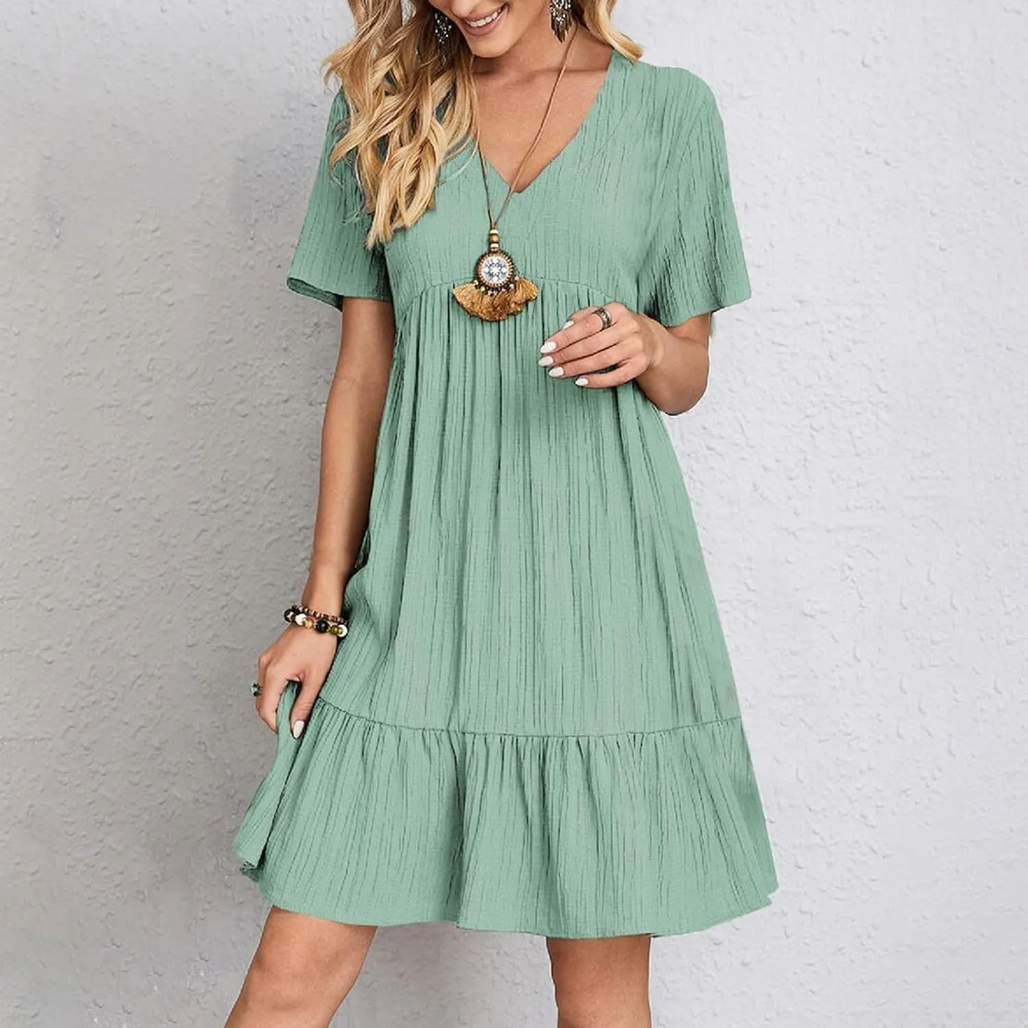 Sun Dresses for Women 2025 Vacation Summer Casual Short Sleeve V Neck Flowy Swing Dress Pleated Ruffle Beach Sundress