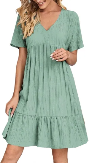 Sun Dresses for Women 2025 Vacation Summer Casual Short Sleeve V Neck Flowy Swing Dress Pleated Ruffle Beach Sundress