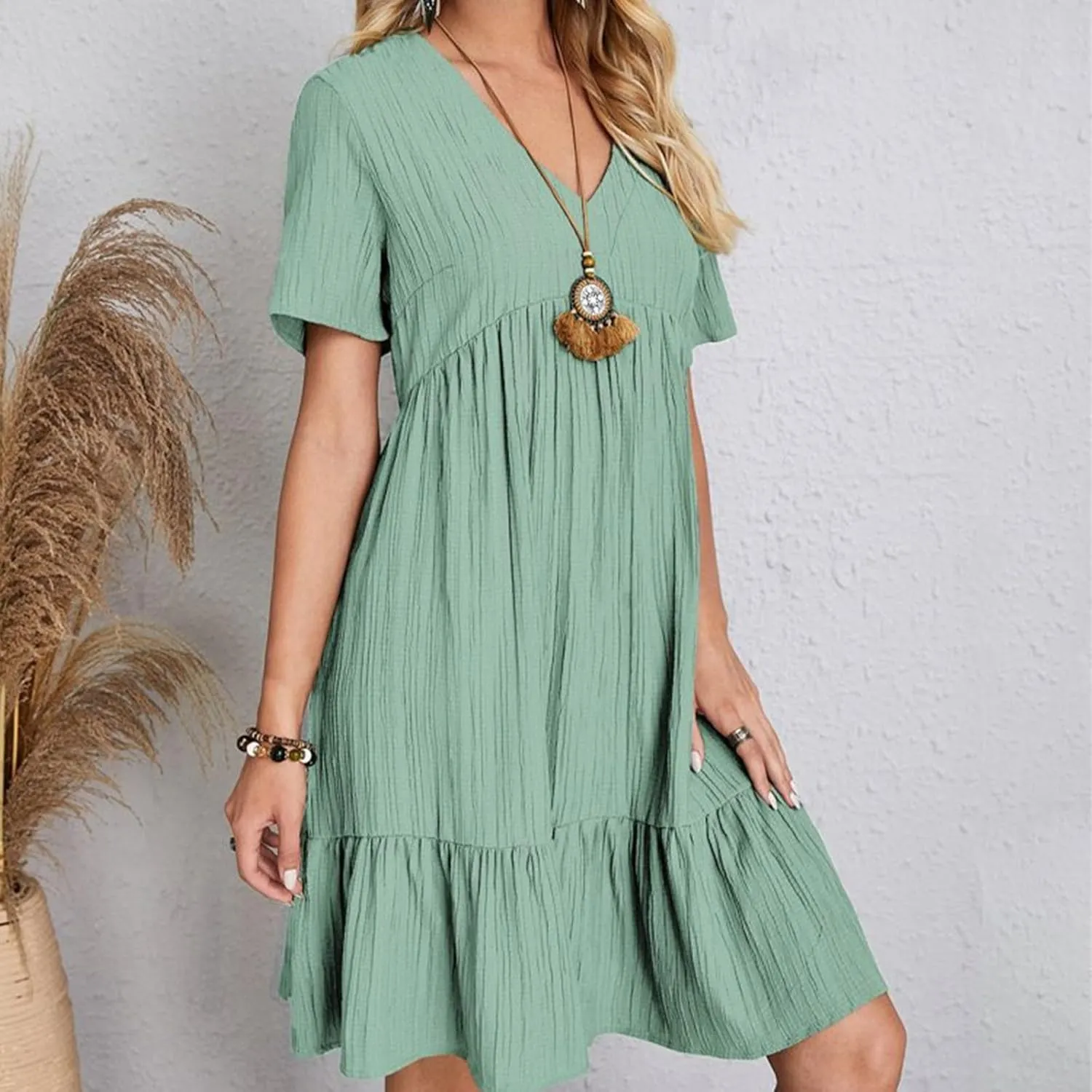 Sun Dresses for Women 2025 Vacation Summer Casual Short Sleeve V Neck Flowy Swing Dress Pleated Ruffle Beach Sundress