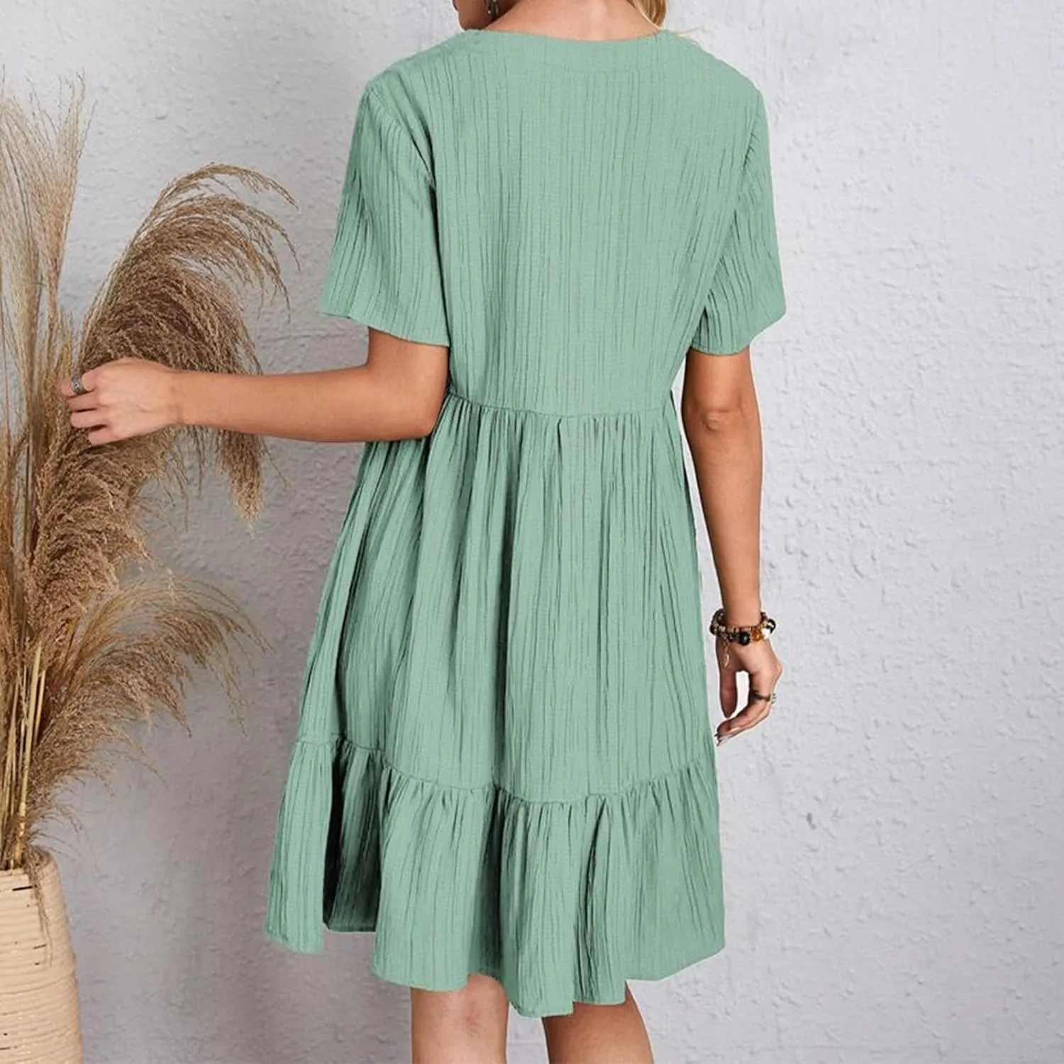 Sun Dresses for Women 2025 Vacation Summer Casual Short Sleeve V Neck Flowy Swing Dress Pleated Ruffle Beach Sundress