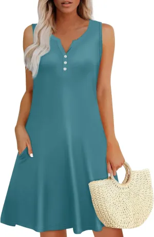 Sundresses for Women 2025 Button Up Summer Sleeveless V Neck Midi Dress A Line Beach Vacation Tank Dresses with Pocket