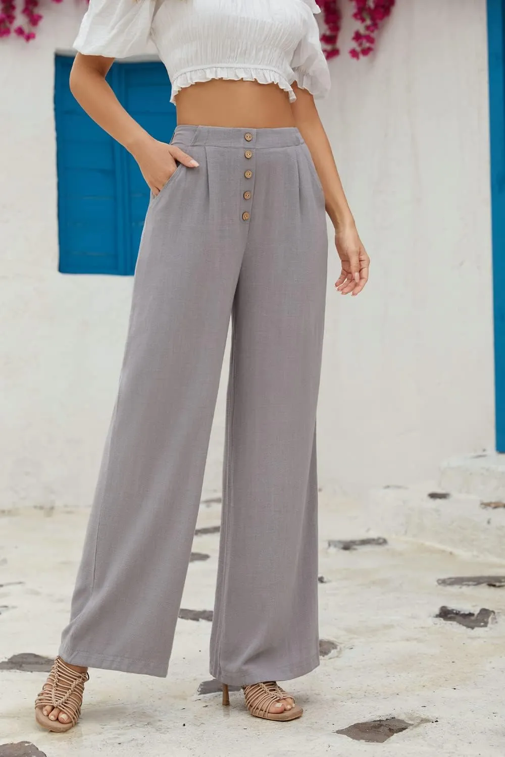 SVALIY Women Flowy Pants Cotton Linen Wide Leg Palazzo Pants Long Lounge Slacks High Waist Button Trousers Pocket