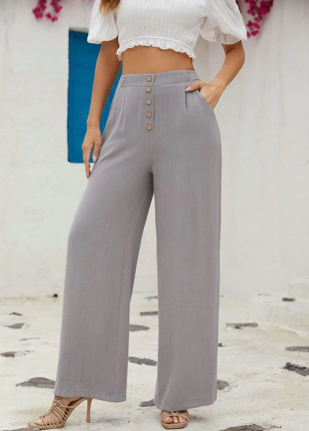 SVALIY Women Flowy Pants Cotton Linen Wide Leg Palazzo Pants Long Lounge Slacks High Waist Button Trousers Pocket